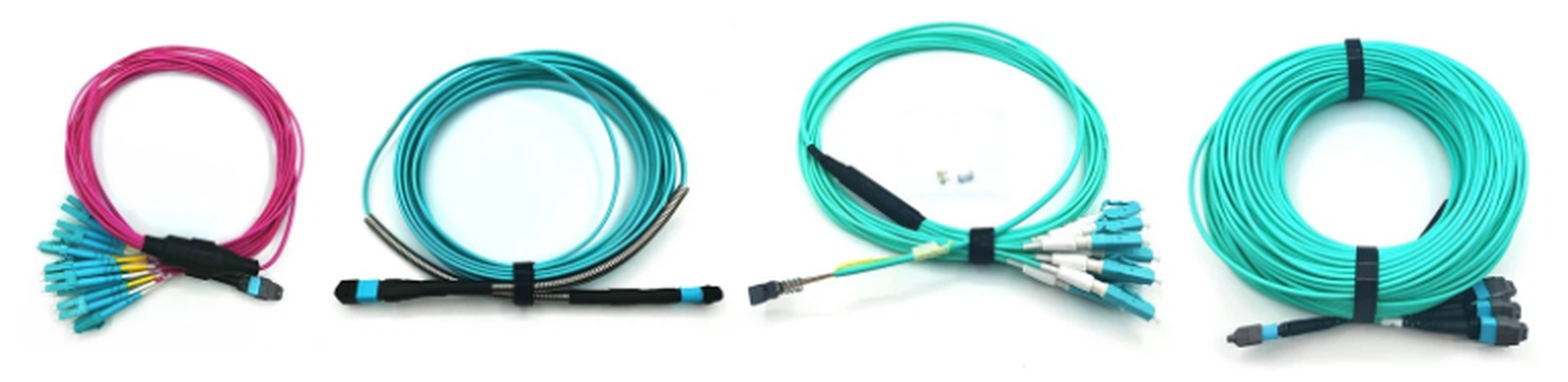 Network switch ports with various fiber optic cable jackets including aqua OM3/OM4 and orange OM1/OM2, illustrating distance limits and modal bandwidth differences for 850nm transceivers Network switch ports with various fiber optic cable jackets including aqua OM3/OM4 and orange OM1/OM2, illustrating distance limits and modal bandwidth differences for 850nm transceivers